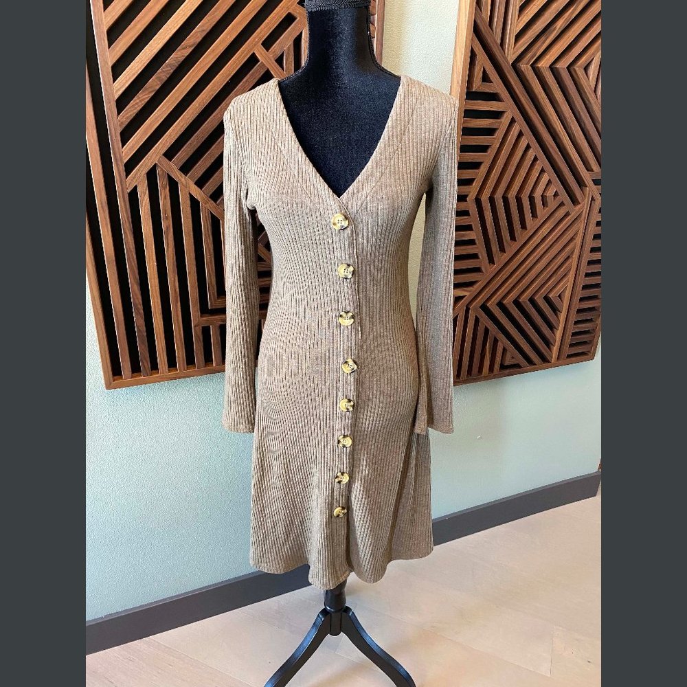 Velvet Heart Rib Knit V-Neck Dress with Buttons - Taupe/Light Olive
